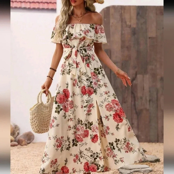 Boho Floral Print Puff Sleeve Knot Front Split Thigh Dress - Picture 5 of 5